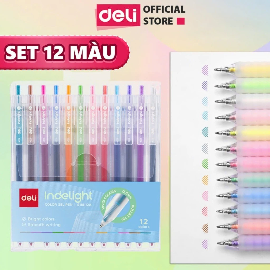 [🔥SALE OFF 90%] Set 12 Bút Gel, Bút Bi Mực Nước Nhiều Màu Ngòi 0.5mm Deli Mực Nhanh Khô, Viết Trơn, Sử Dụng Cho Học Sinh