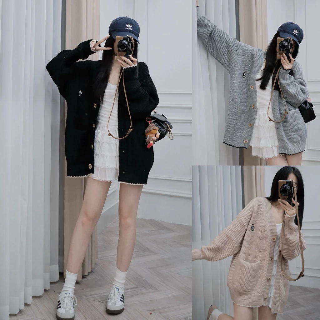 𝗦𝘁𝗲𝗲𝘇𝘆 • Áo khoác cardigan len dày cổ V phối viền thêu gấu 2 túi sườn form rộng, áo khoác len nữ thu đông KC1569