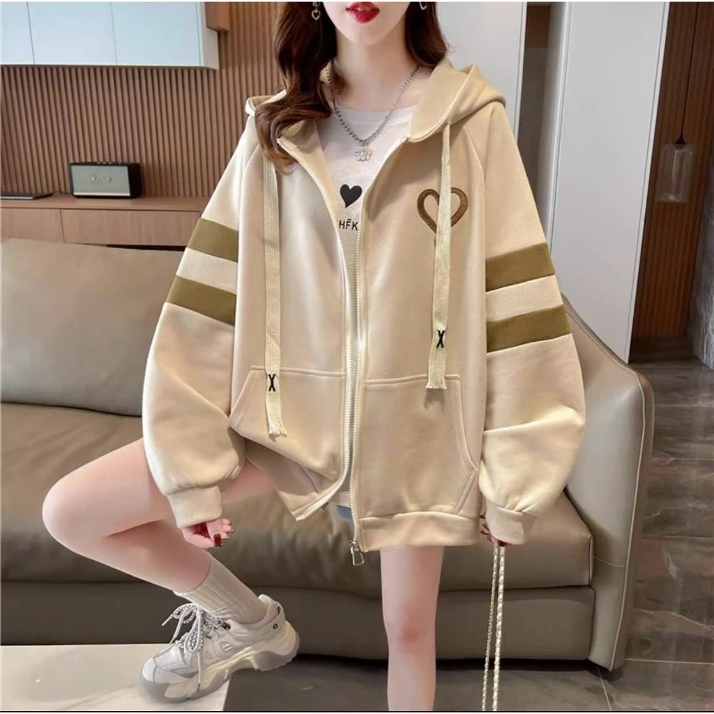 Áo Hoodie Nữ Khóa Kéo Form Rộng Thêu Trái Tim, Hoodie Nỉ Mềm Phối Sọc Ngang Phong Cách Hàn Quốc