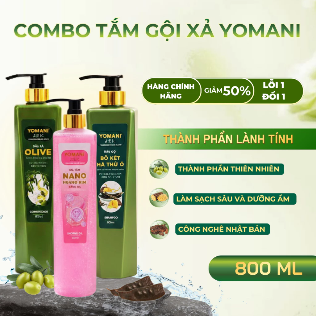 Dầu Gội Xả Yomani Thảo Mộc Bồ Kết Hà Thủ Ô & Sữa Tắm Nano Hoàng Kim 800ml Chăm Sóc Toàn Diện