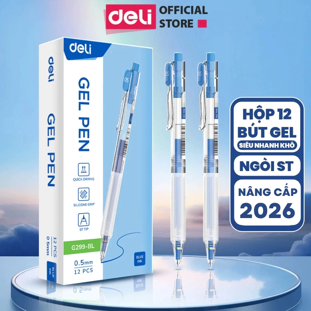 [Nhanh khô 0.1s] Hộp 12 Bút Gel Bấm Deli EG299 Nâng Cấp Nhanh Khô Deli Bút Bi Nước Mực Đều Viết Đẹp Ngòi ST 0.5mm