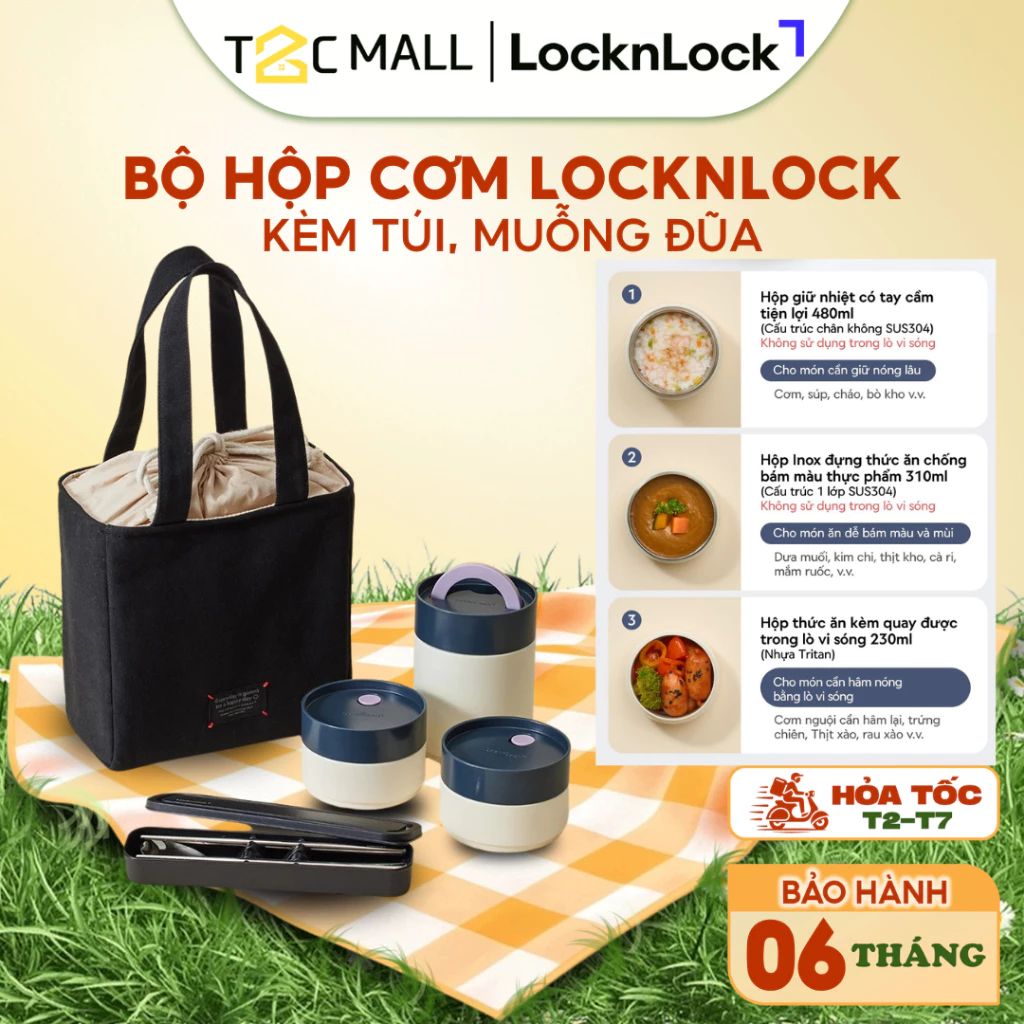 Bộ hộp cơm giữ nhiệt LocknLock All-Fit Lunch Box LHC8014IVY Kèm Túi Và Đũa Thìa- T2CMALL