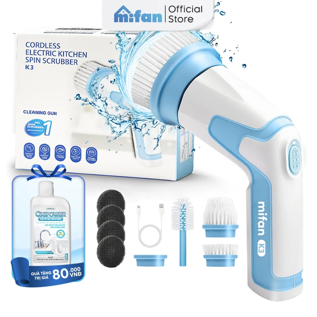 Máy Cọ Rửa Điện Cầm Tay Đa Năng Mifan K3 25W - Kèm 4 Đầu Chổi, Pin Sạc 2000mAh, Chống Nước IPX7, Tốc Độ 500rpm, BH 12 Th