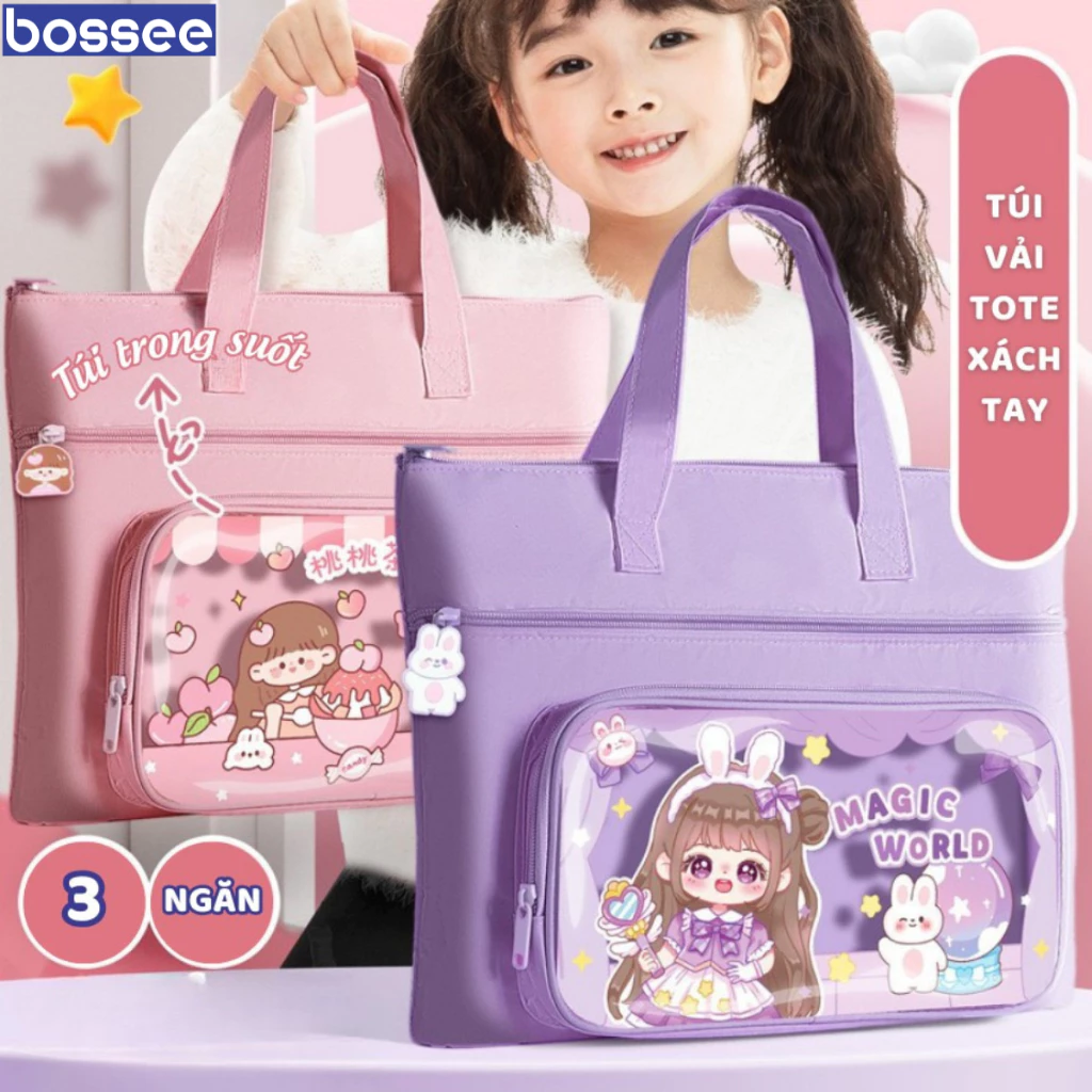 Túi Vải Đựng Đồ Canvas 3 Ngăn Túi Bút Trong Suốt - Cặp Học Thêm Phụ Đạo Tote Xách Tay, Đeo Vai Nam Nữ Dung Tích Lớn