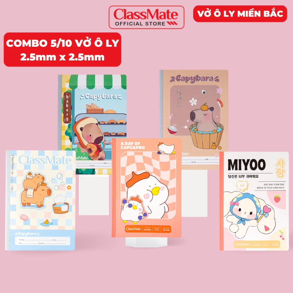 Combo 5/10 Vở Ô Li Miền Bắc Capybara Classmate Vở 4 ÔLi 2.5x2.5mm 100gsm, 48/80 Trang Giấy Chống Lóa