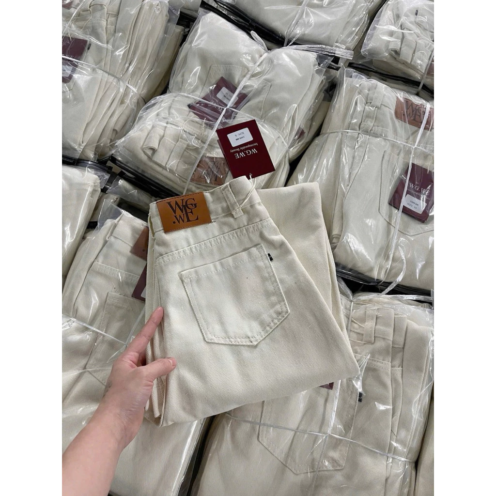 Quần jeans kaki màu trắng kem phối mac da siêu hack dáng