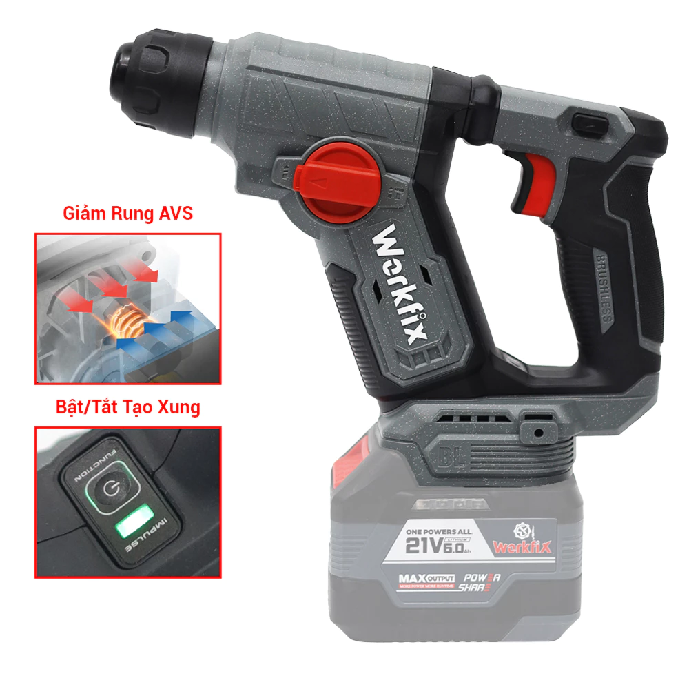 [MỚI- NHỎ GỌN] Máy Khoan Bê Tông Mini 1,9J WF-RH1902MN Workfix,  Khoan Thường, Búa Tặng Thước Dây