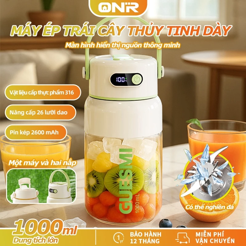 Máy Xay Sinh Tố Cầm Tay Đa Năng 1000ML, Thiết Kế Nắp Đôi, Hiển Thị Pin, Lưỡi Dao 26 Trang