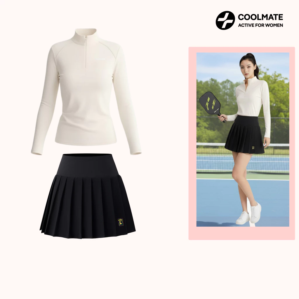 [MỚI 2026} Set đồ bộ thể thao Pickleball nữ Áo dài tay halfzip & Chân Váy xếp ly - Coolmate Active For Women