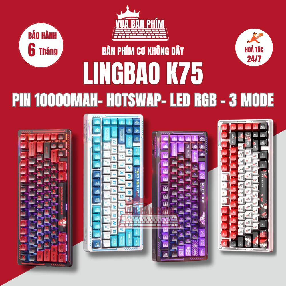 Bàn phím cơ không dây Lingbao K75 | lingbao k75 keycap aniamate, pbt double shot , pin 10000mah , led rgb , hotswap