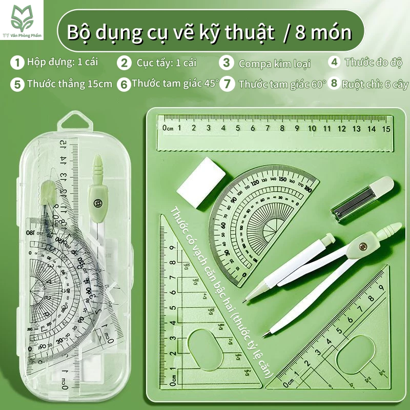 Bộ Compa Thước Chuyên Dụng Cho Học Sinh: Dụng Cụ Vẽ Hình Thi Cử, Thước Tam Giác Trong Suốt-quà Tết