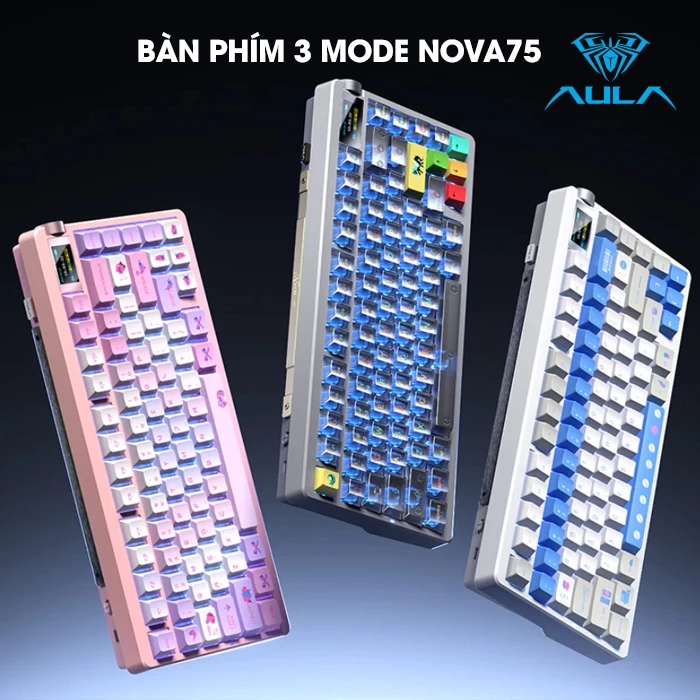 Bàn phím cơ 3 mode AULA NOVA75 xuyên LED RGB 20 hiệu ứng, có màn hình tùy chỉnh ảnh, núm xoay bên cạnh nổi bật