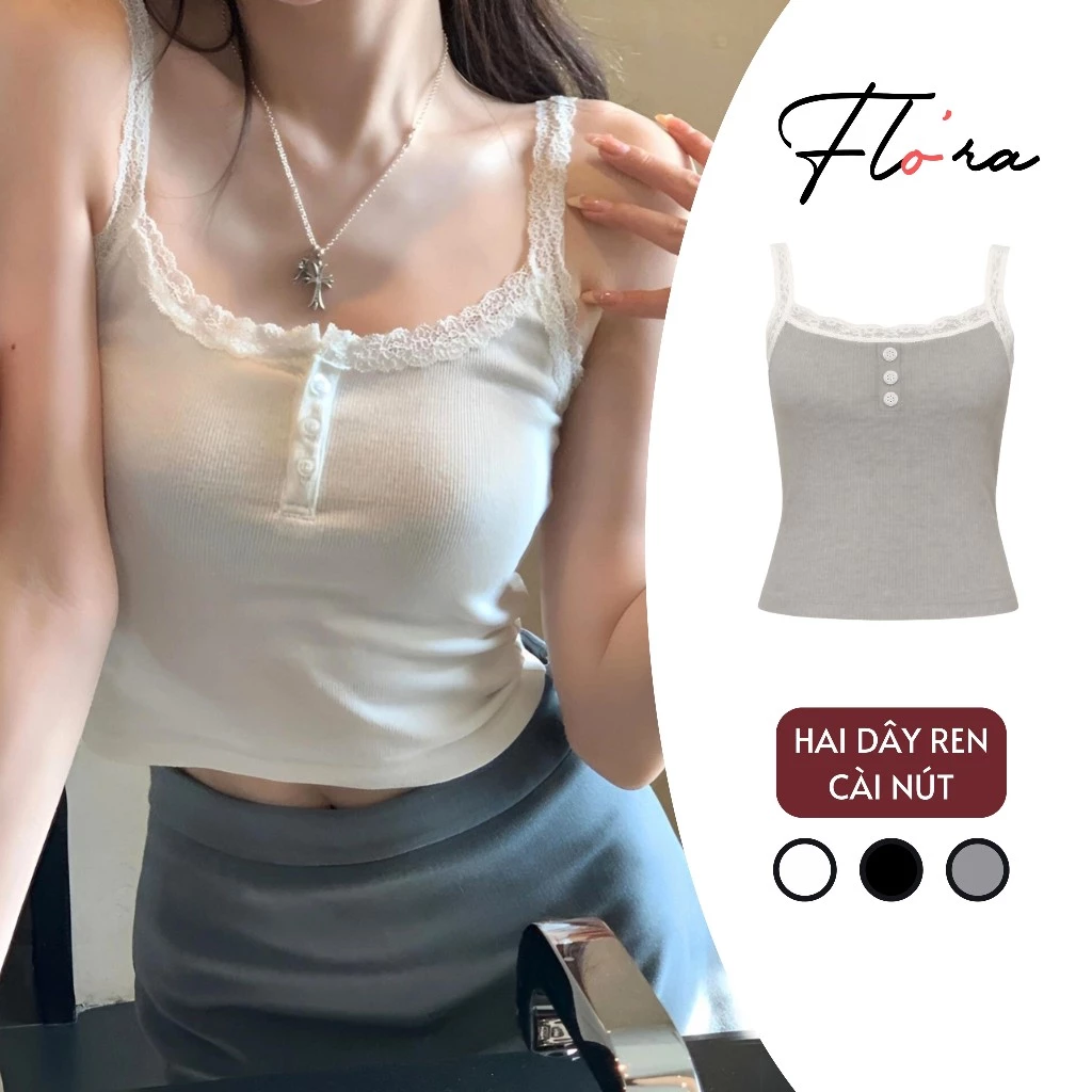 Áo HAI DÂY REN CÀI NÚT Chất Thun Gân Kiểu Sexy Nữ CR19, Áo Thun Phối Khuy Croptop Ôm Body Đẹp Flo'ra