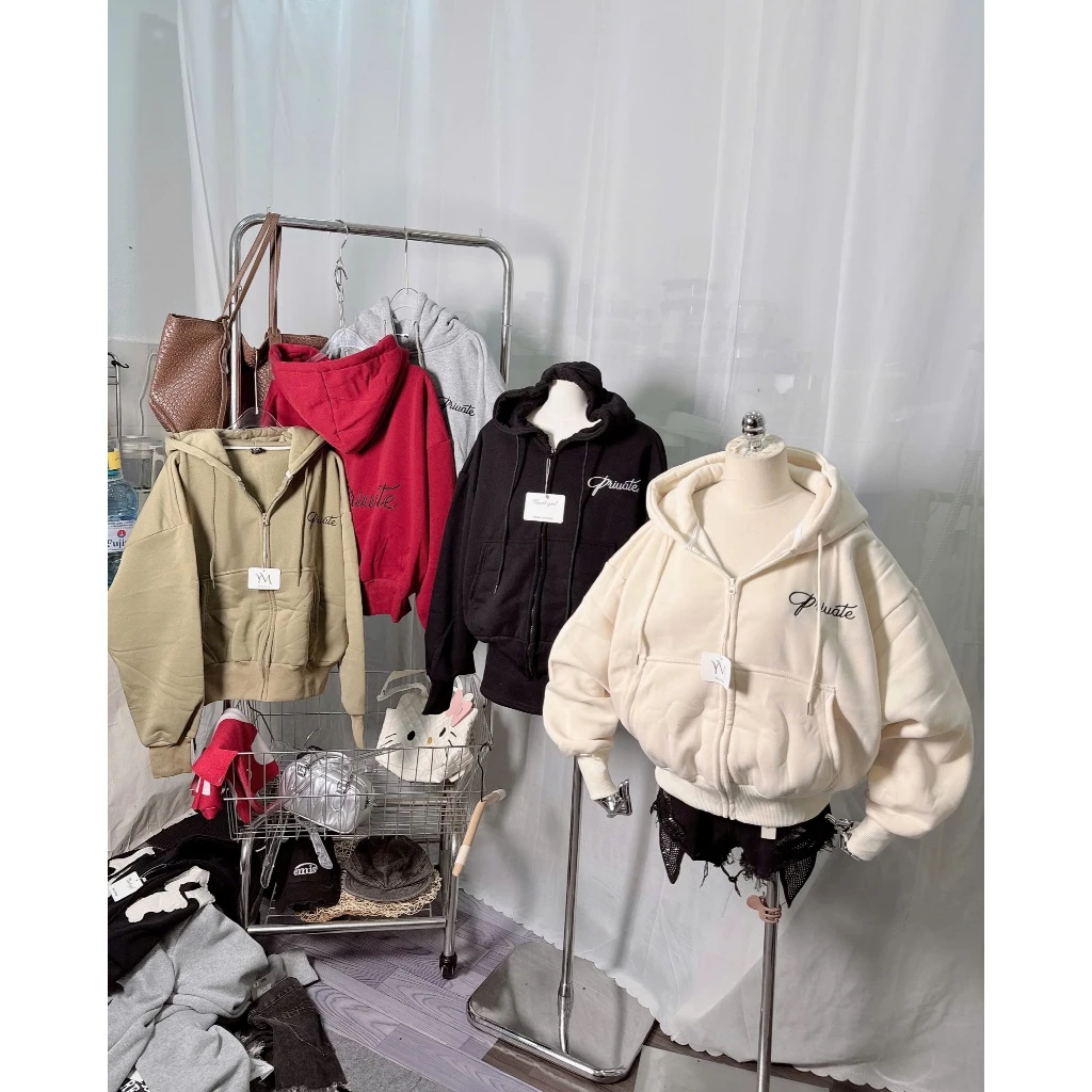 Áo Hoodie XK Khóa Kéo Thêu PRIUATE Form Rộng Nỉ Bông Dày Dặn Phong Cách Hàn Quốc