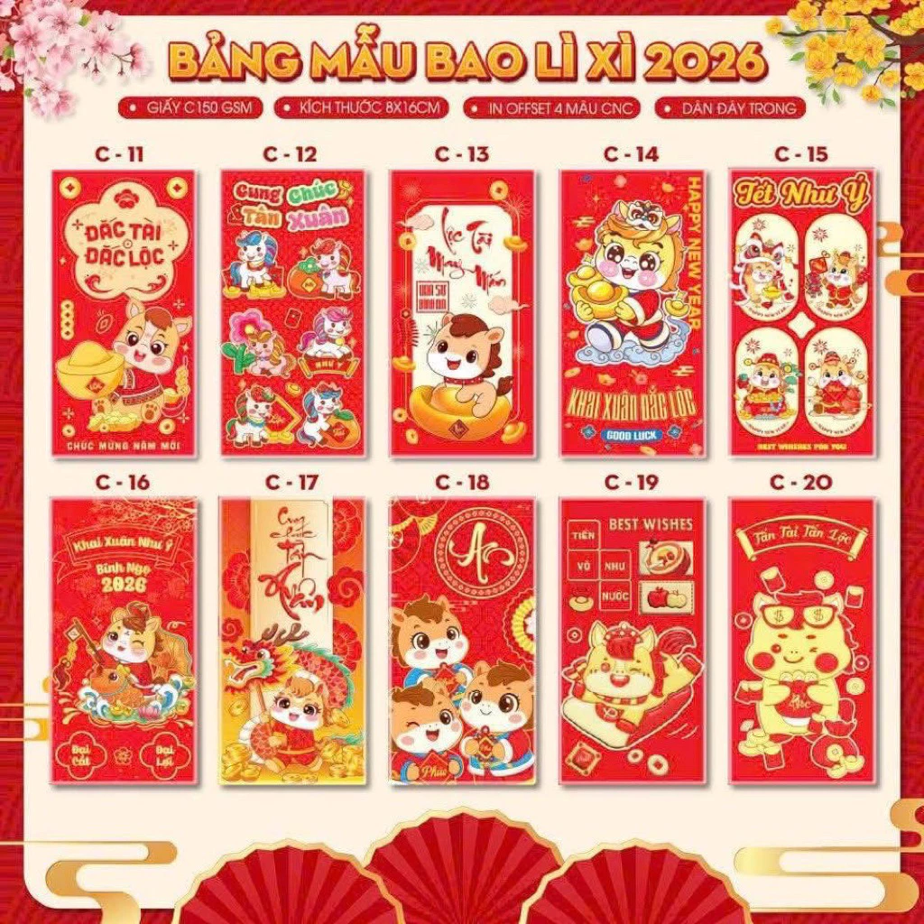 🧧 Combo 50 Bao Lì Xì Đỏ Truyền Thống – Mix Mẫu – Có Túi Đựng