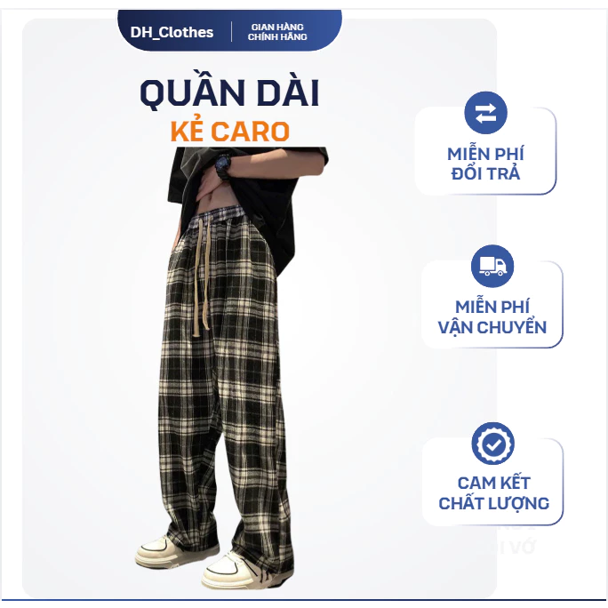 Quần Dài Mặc Nhà Nam Nữ Dh_clothes  – Ống Suông Rộng, Họa Tiết Kẻ Karo, Form Thoải Mái