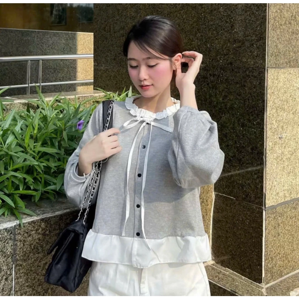 Áo Nỉ Tăm Thỏ Phối Cổ Bèo Nơ Buộc,Áo Sơ Mi Kiểu Cúc Cài Form Suông Tiểu Thư Phong Cách Vintage