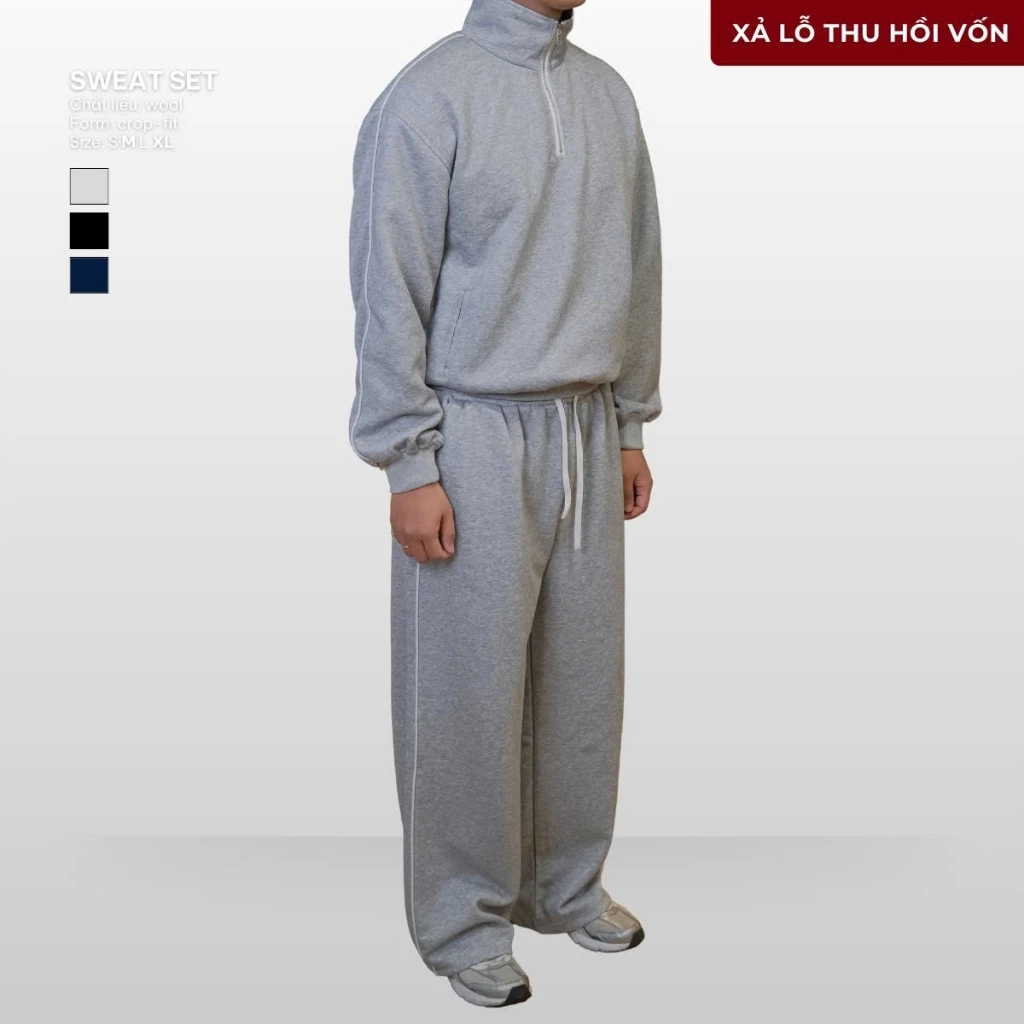 Set Nỉ Nam Kẻ Sọc Áo Khoác Zip  Form Crop & Quần Suông Nỉ 2 Da B Brown