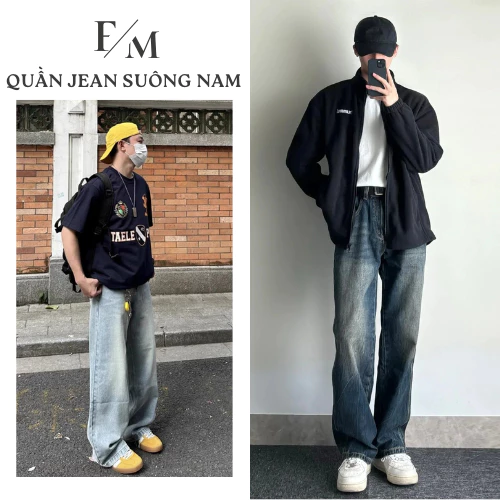Quần Jean  Wash Retro Nam Ống Suông Rộng 28CM Lưng Cao Quần Jean Unisex Chất Jean Denim Bigsize FOXY