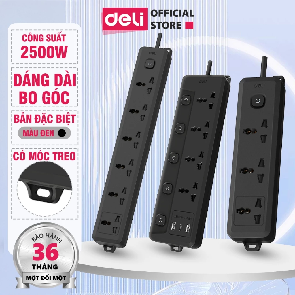Ổ Cắm Điện Đa Năng Deli Chịu Tải 2500W Dài 2-5m Cổng USB Type C Có Chốt Bấm Chống Giật An Toàn