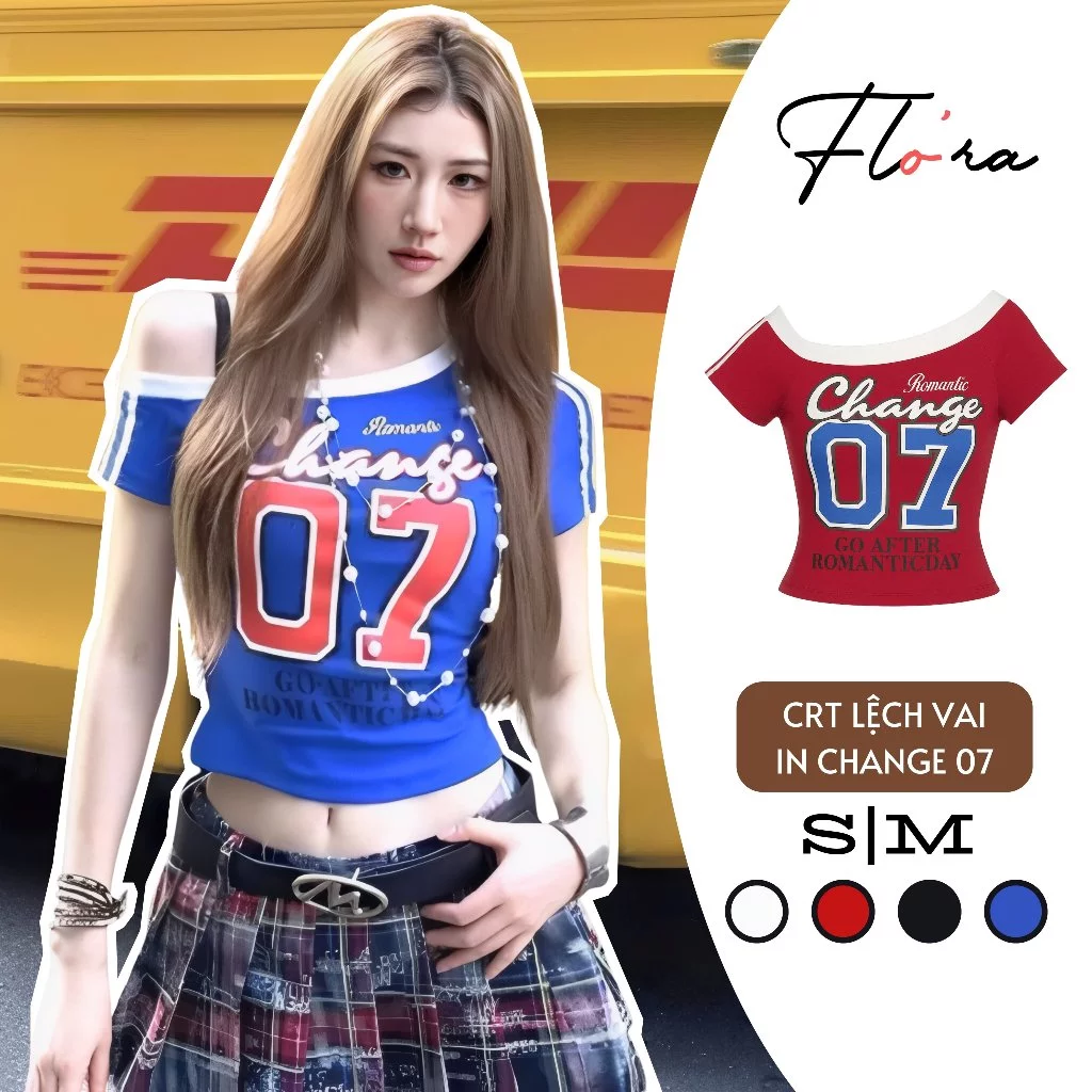 Áo Croptop LỆCH VAI CHANGE 07 Chất Borip CR133, Áo Thun Nữ Tay Ngắn In Hình Trễ Vai Flo'ra