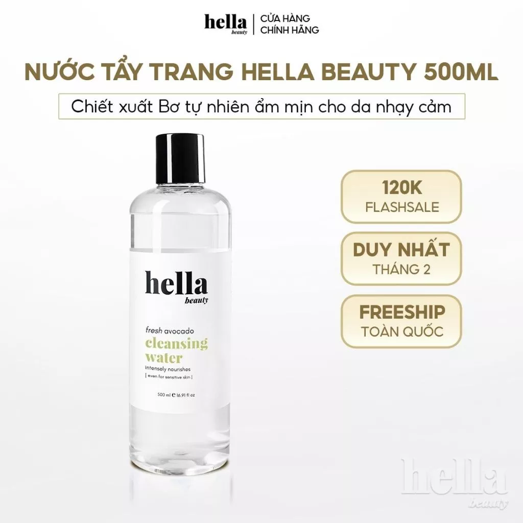 Nước tẩy trang trái bơ Hella Beauty sạch sâu dưỡng ẩm không khô rát không cồn phù hợp cho mọi loại da