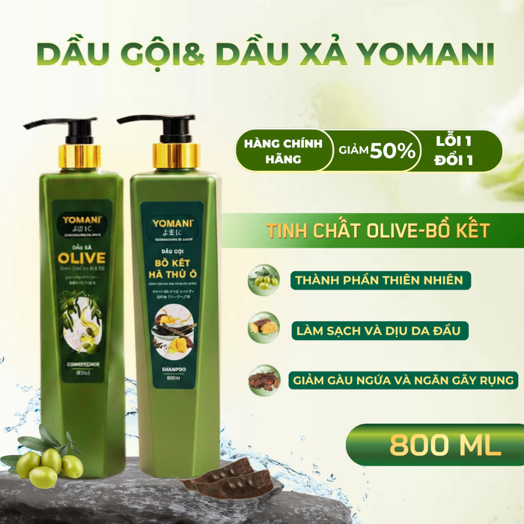 Dầu Gội Bồ Kết Hà Thủ Ô& Dầu Xả Olive YOMANI 800ml- Giảm Gàu Ngứa Da Đầu Hỗ Trợ Phục Hồi Tóc Hư Tổn