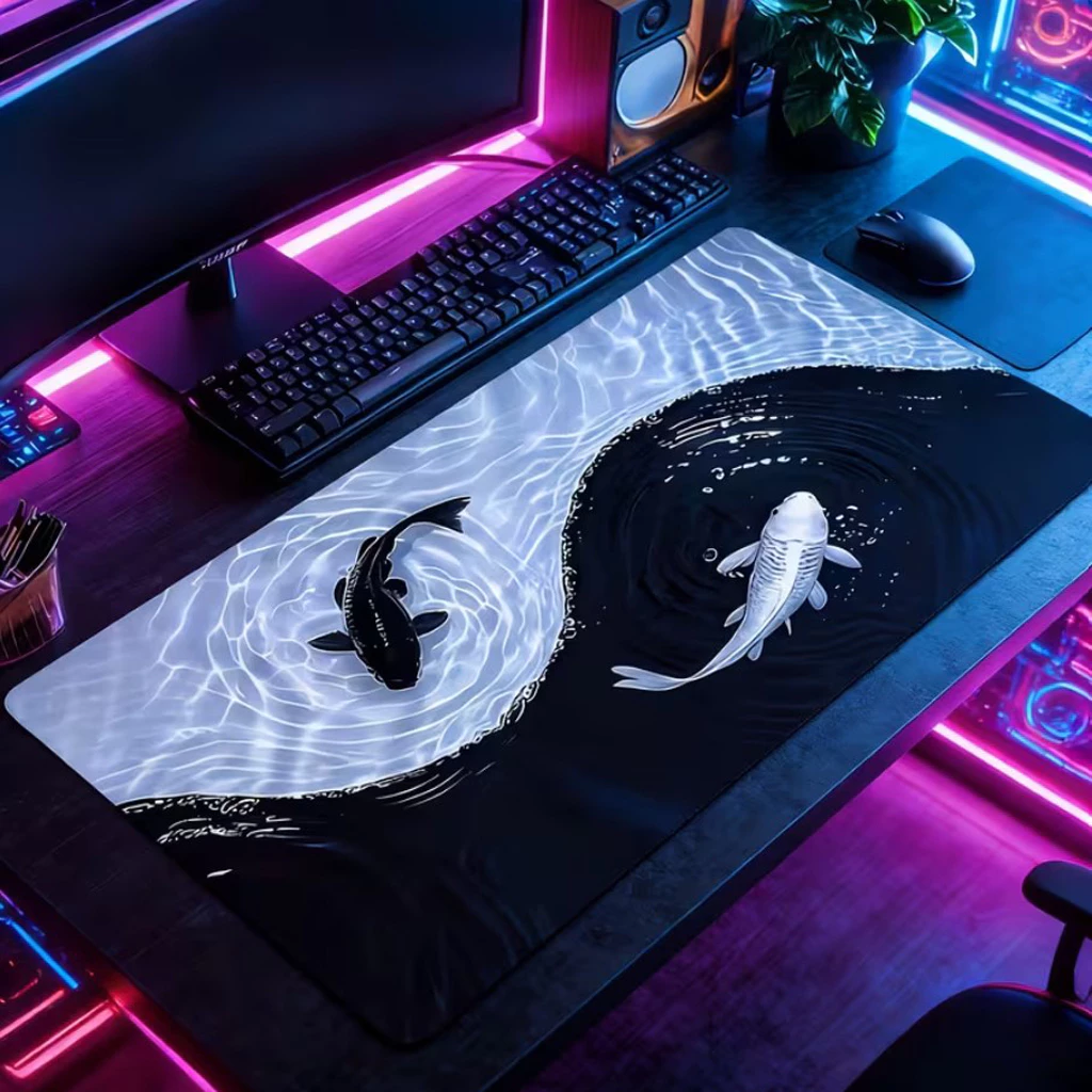 Lót Chuột Deskmat Cá Koi Âm Dương 80x30cm – Pad Chuột Bàn Làm Việc Chống Trượt, Bề Mặt Mịn