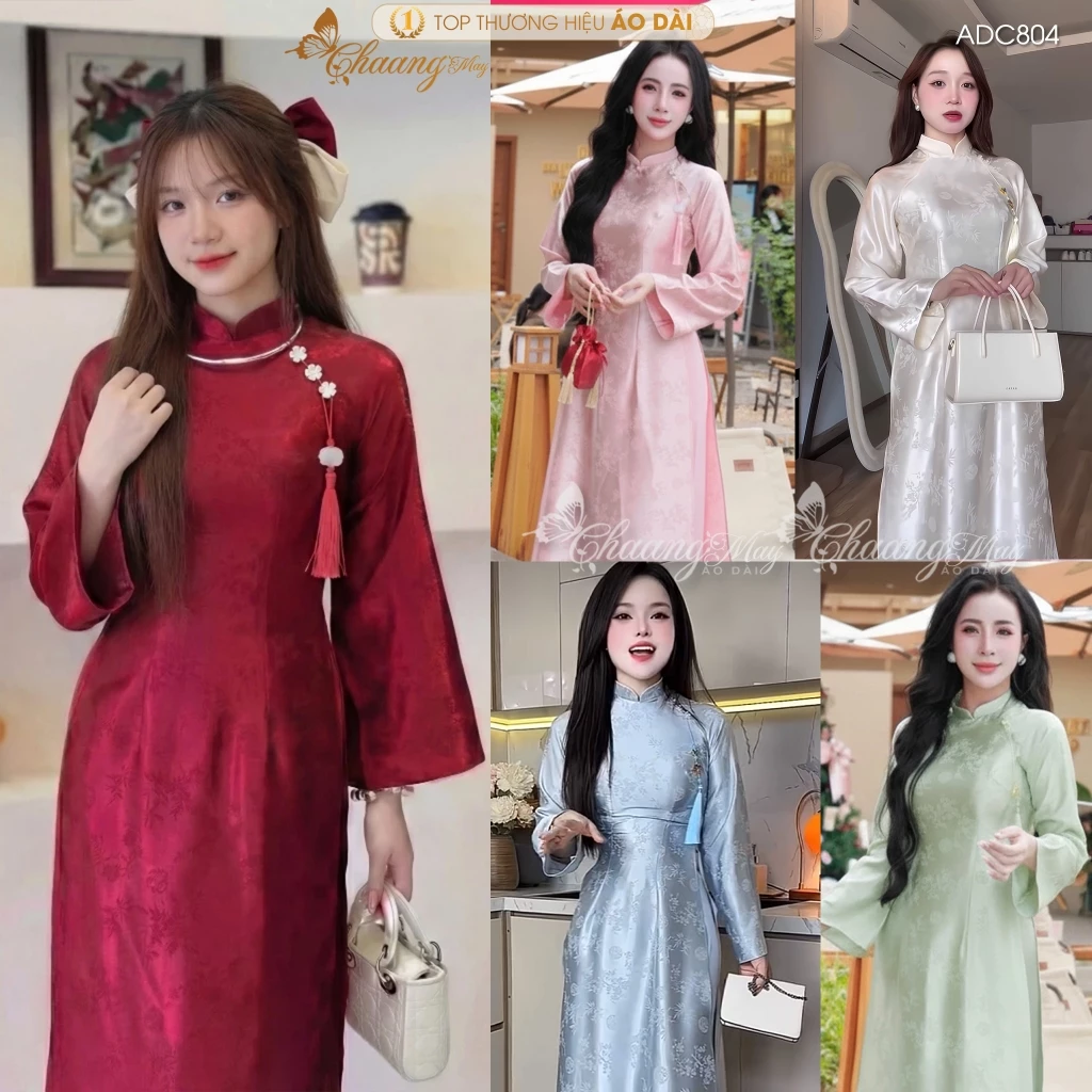 Áo dài truyền thống Ý Liễu gấm hỷ Trúc Anh đào ADC804 may sẵn Charm tay dài giáo viên dự tiệc cưới lễ tết đẹp