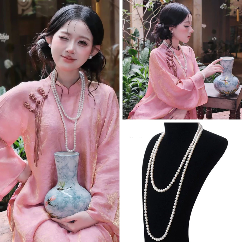Dây Chuyền Ngọc Trai Thanh Lịch Chụp Ảnh Mùa Thu Hà Nội – Vòng Cổ Xương Đòn Phối Áo Dài Cổ Điển