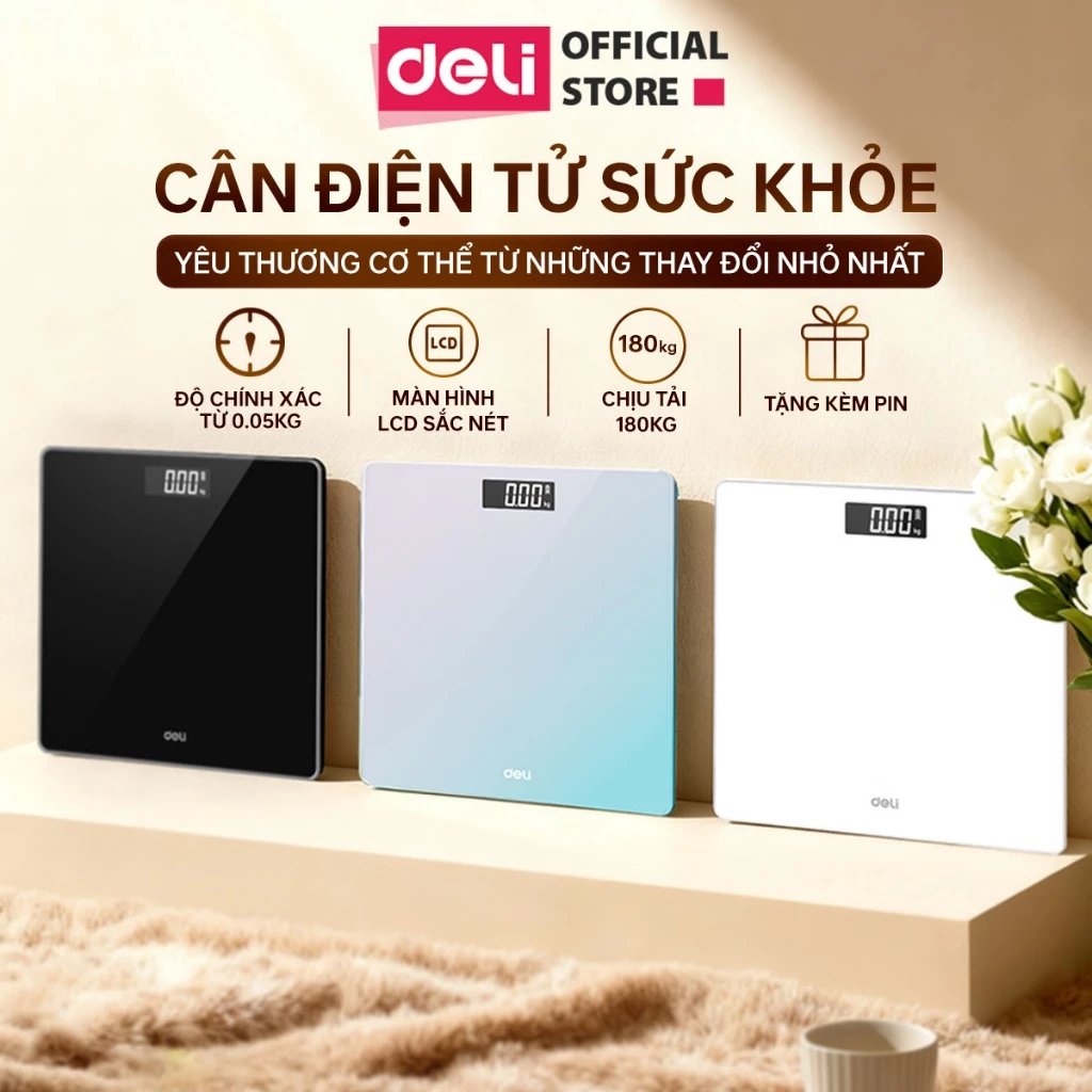 [GIÁ SỐC] Cân Điện Tử Sức Khỏe Deli Chịu Tải 180kg Màn Hình LED Mặt Kính Cường Lực BẢO HÀNH 3 THÁNG KÈM PIN THAY-E86121