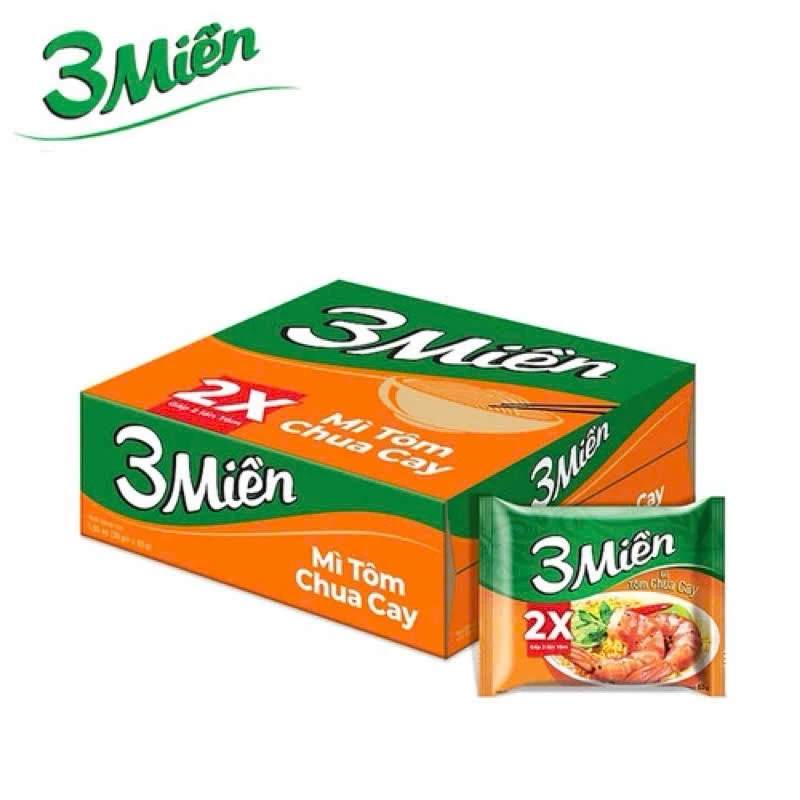 Thùng 30 Gói Mì 3 Miền Tôm Chua Cay 2X 65g - UN1T date mới T4/2027