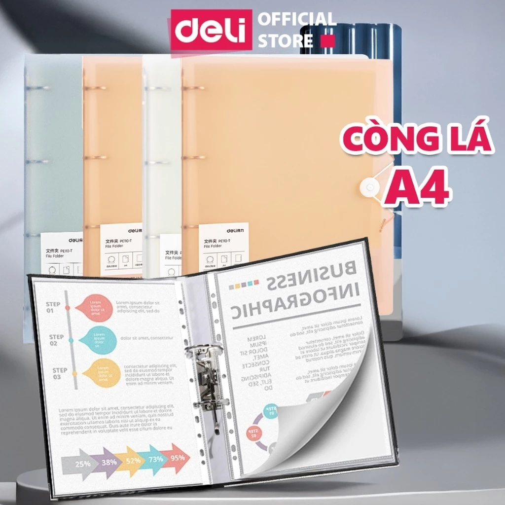 [FILE CÒNG] Bìa File lá còng sắt học sinh A4 Deli 4 còng đựng file tài liệu, lưu trữ hồ sơ văn phòng cao cấp