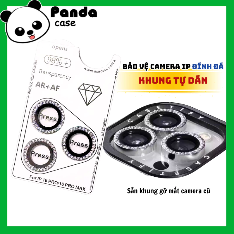 Kính Cường Lực Bảo Vệ Mắt Camera iPhone Khung Tự Dán Đính Đá , Chống Trầy Xước - iP 11/12/13/14/15/16/17/Plus/Pro/Max