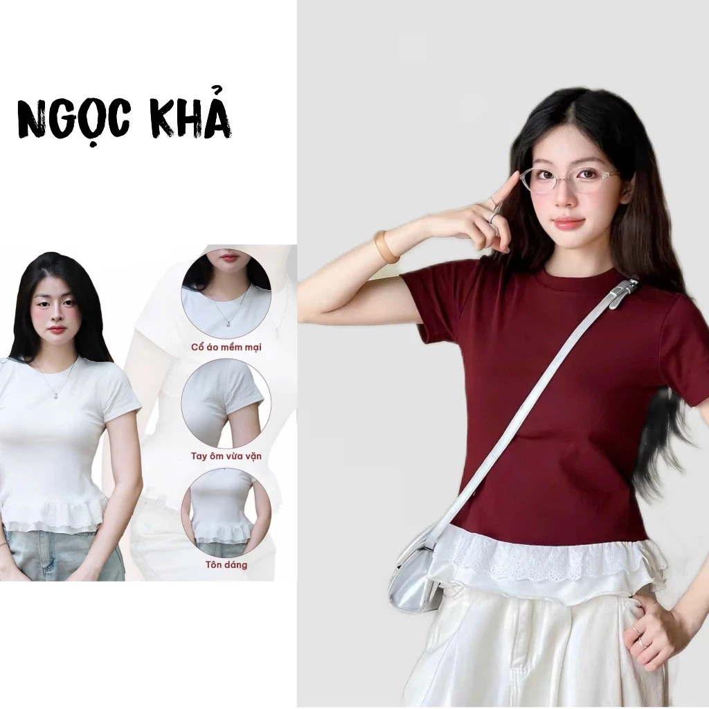 Áo Phông Nữ Cổ Tròn Ngắn Tay Viền Bèo Thun Cotton Mịn Mát, Áo Thun Nữ Cộc Tay Phối Viền Gấu Bèo