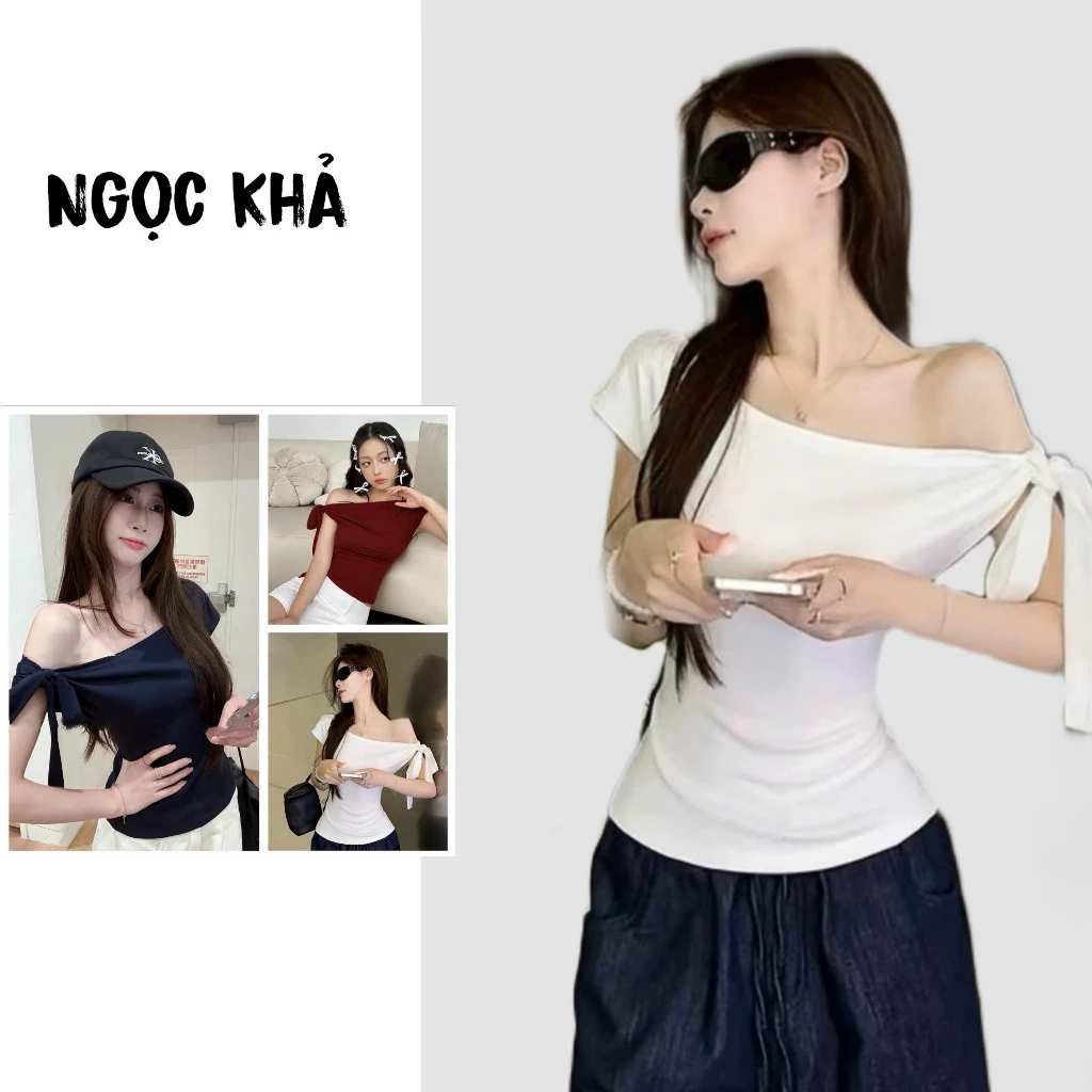 Áo Trễ Vai Nữ Kèm Dây, Áo Thun Nữ Cotton Dầy Dặn Mềm Mịn Co Giãn