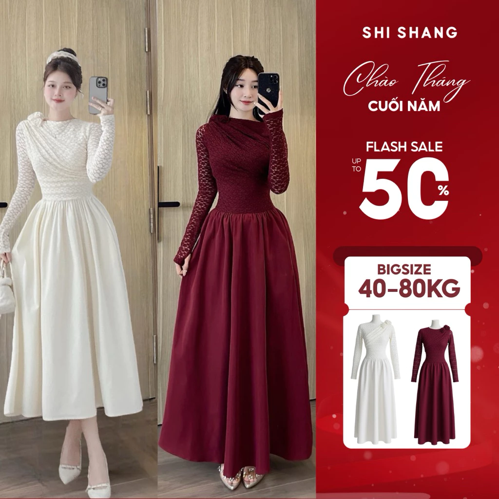 Đầm dự tiệc dáng dài đính hoa vai Shi Shang, váy maxi ren phối thô thiết kế Bigsize chiết eo, tôn dáng