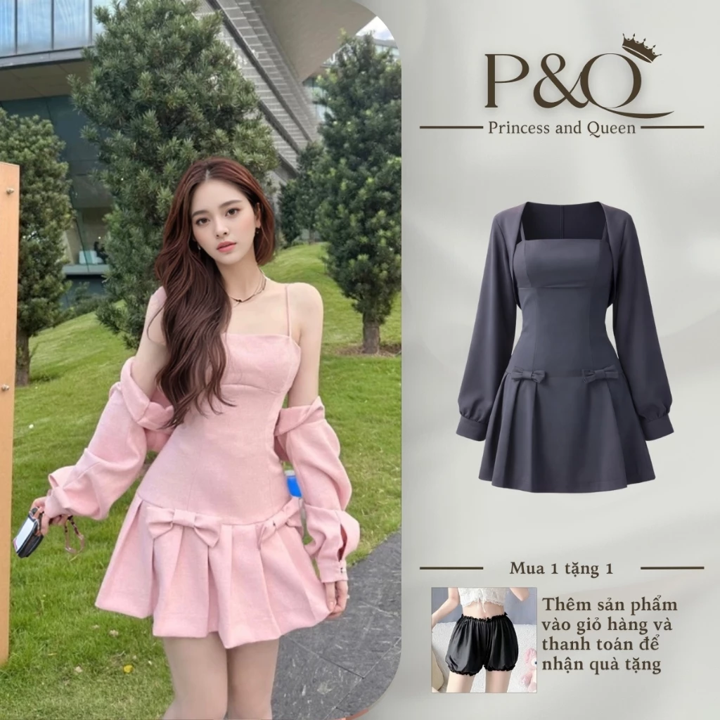Set váy dạ nữ P&Q váy hai dây phối nơ kèm áo khoác croptop tay bồng phong cách tiểu thư | vd0093