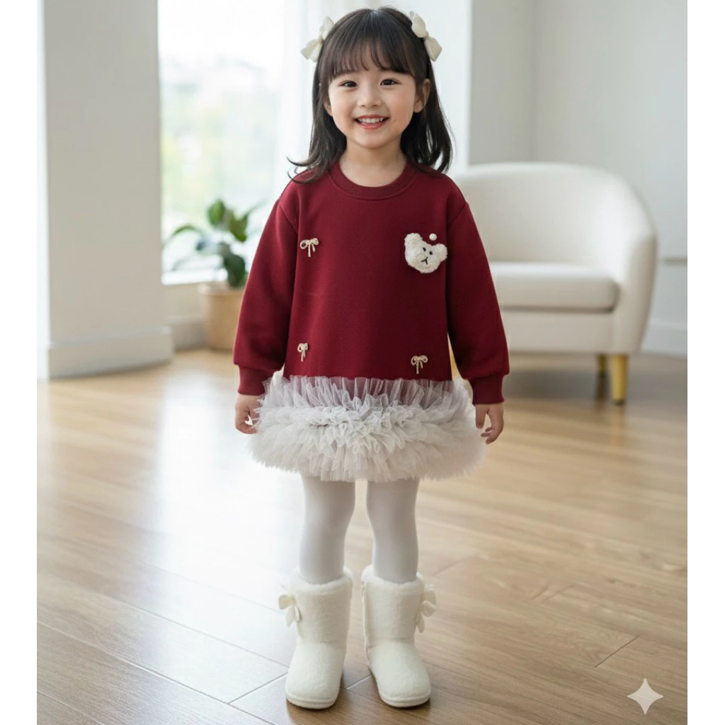 váy nỉ đỏ phối voan cho bé gái chất vải nỉ 2 da dày dặn mềm ấm