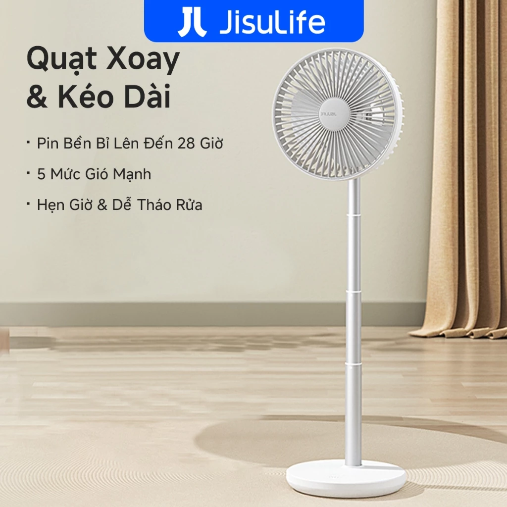 Quạt bàn JisuLife, pin 8000mAh, dùng 28h, sạc được, có thể kéo dài, quạt sàn đứng