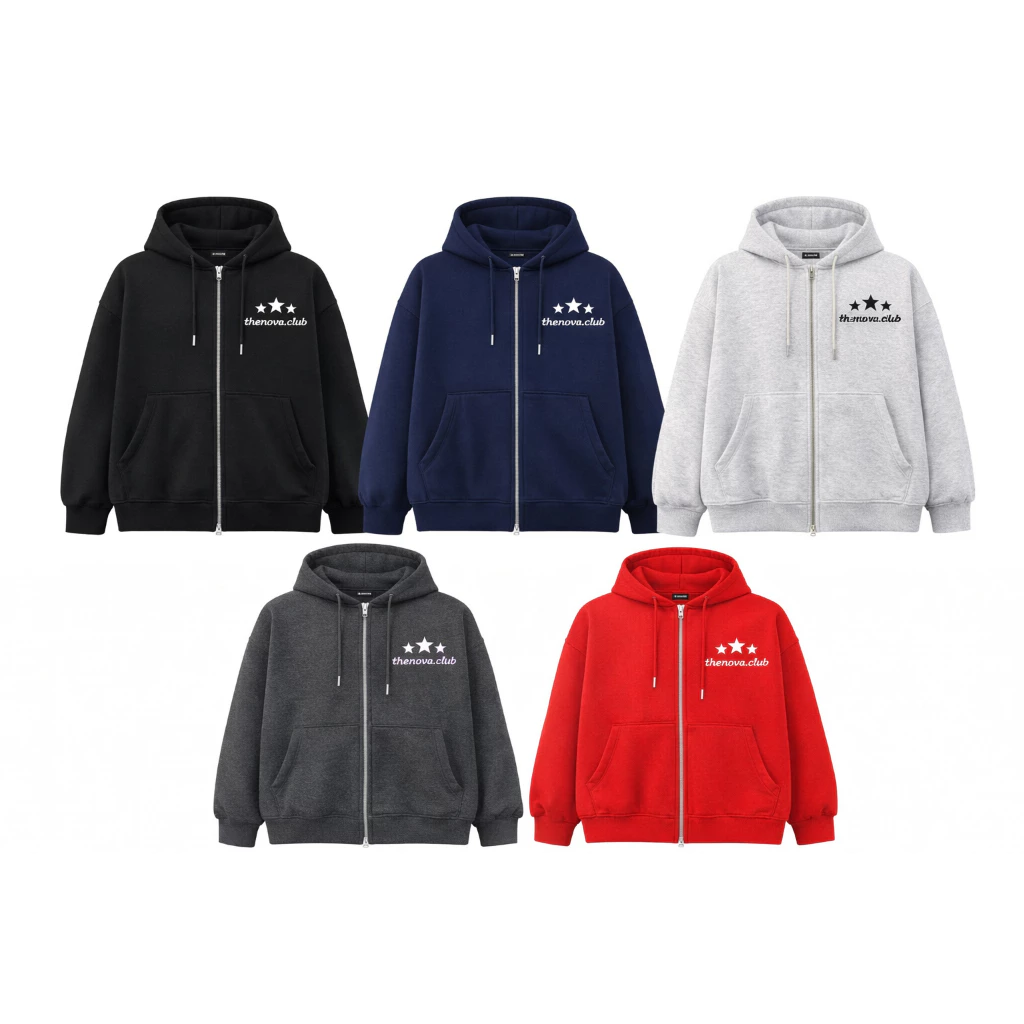 Áo Khoác Hoodie Thêu Nổi NOVA CLUB Form Boxy 5 màu basic vải nỉ bông dày , nón to rộng 2 lớp, form rộng nam nữ