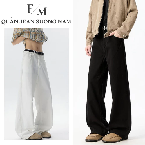 Quần Jean Nam Trắng Đen Suông Ống Rộng Cạp Cao Quần Jean Nam Form Rộng Dáng Dài Chất Jean Denim Mềm