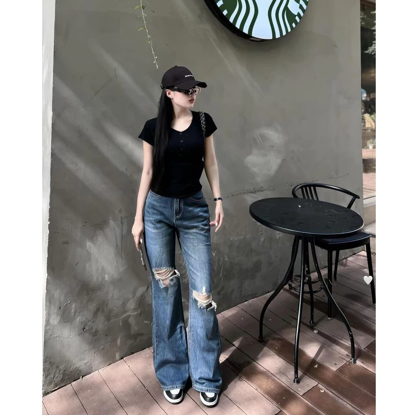 Quần bò jean ống loe form dài chất mềm đẹp Quần jean ống loe rách gối cạp cao Midori Shop S084