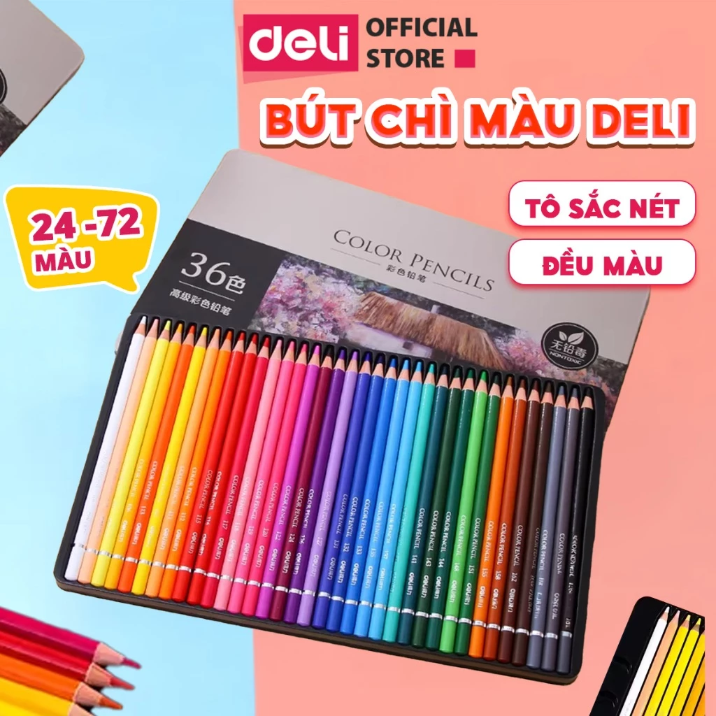 [CHÍNH HÃNG] Bút Chì Màu Gốc Dầu/Gốc Nước 72 Màu Cao Cấp Deli - Màu Đậm Tươi Sáng, Tô Vẽ Tranh Phác Thảo Chuyên Nghiệp