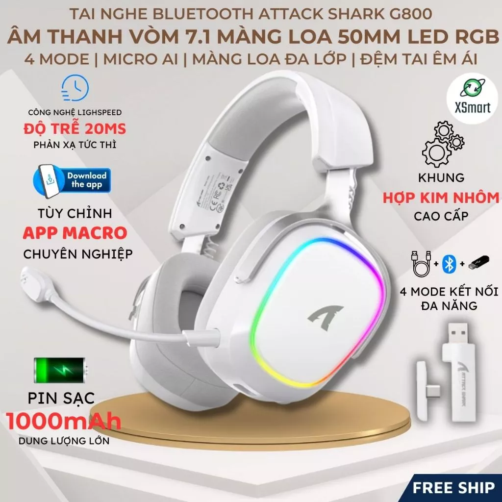 Tai Nghe Gaming Chụp Tai Attack Shark G800 LED Khung Nhôm Cao Cấp, 4 Mode, Pin 1000mAh, Độ Trễ 20ms