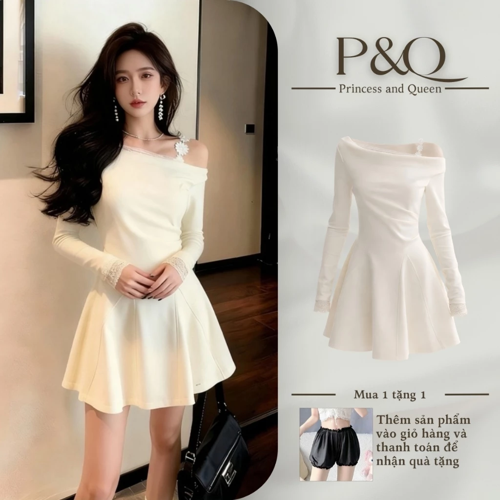 Váy đầm nữ P&Q trễ vai tay dài dáng xòe tôn dáng phong cách Hàn Quốc | vd0108