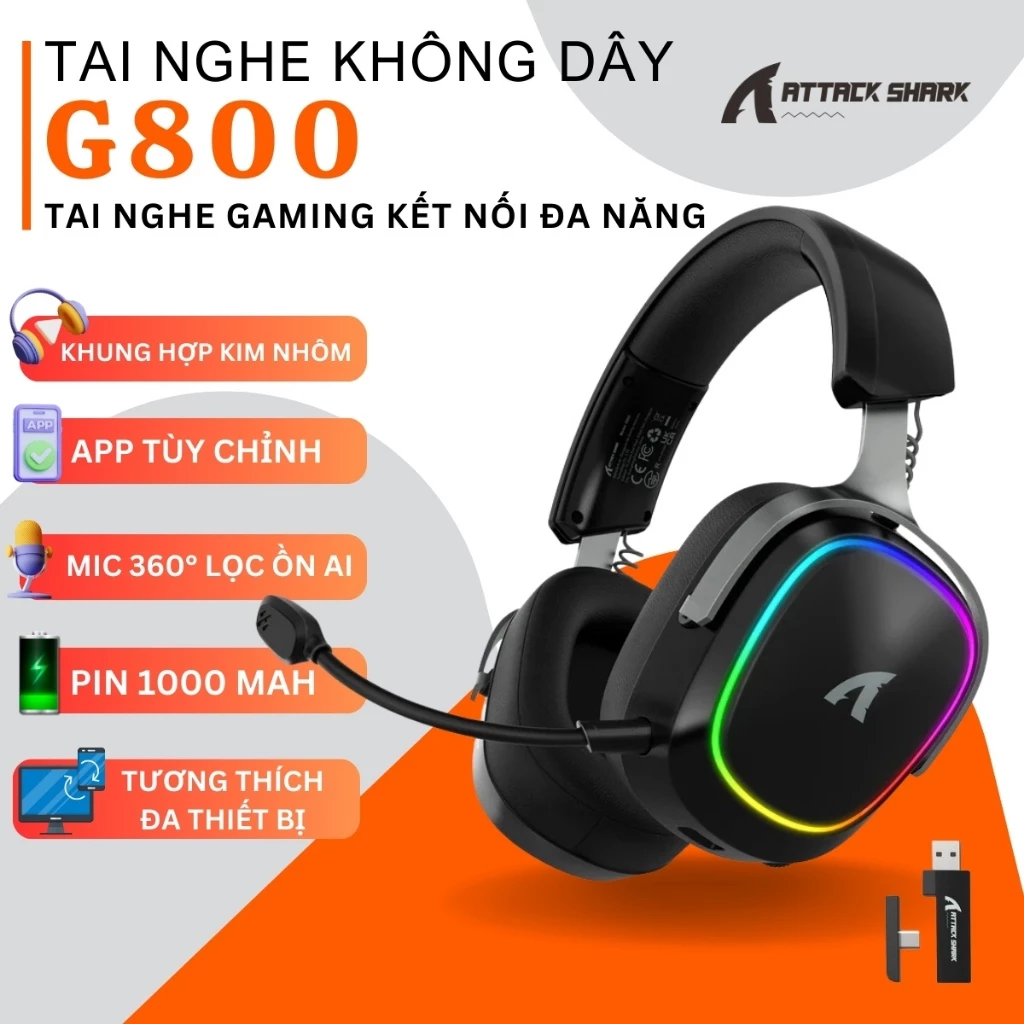 Tai Nghe Gaming Không Dây Attack Shark G800 - 3 Chế Độ, Độ trễ thấp 20ms, Driver 50mm, Pin 1000mAh