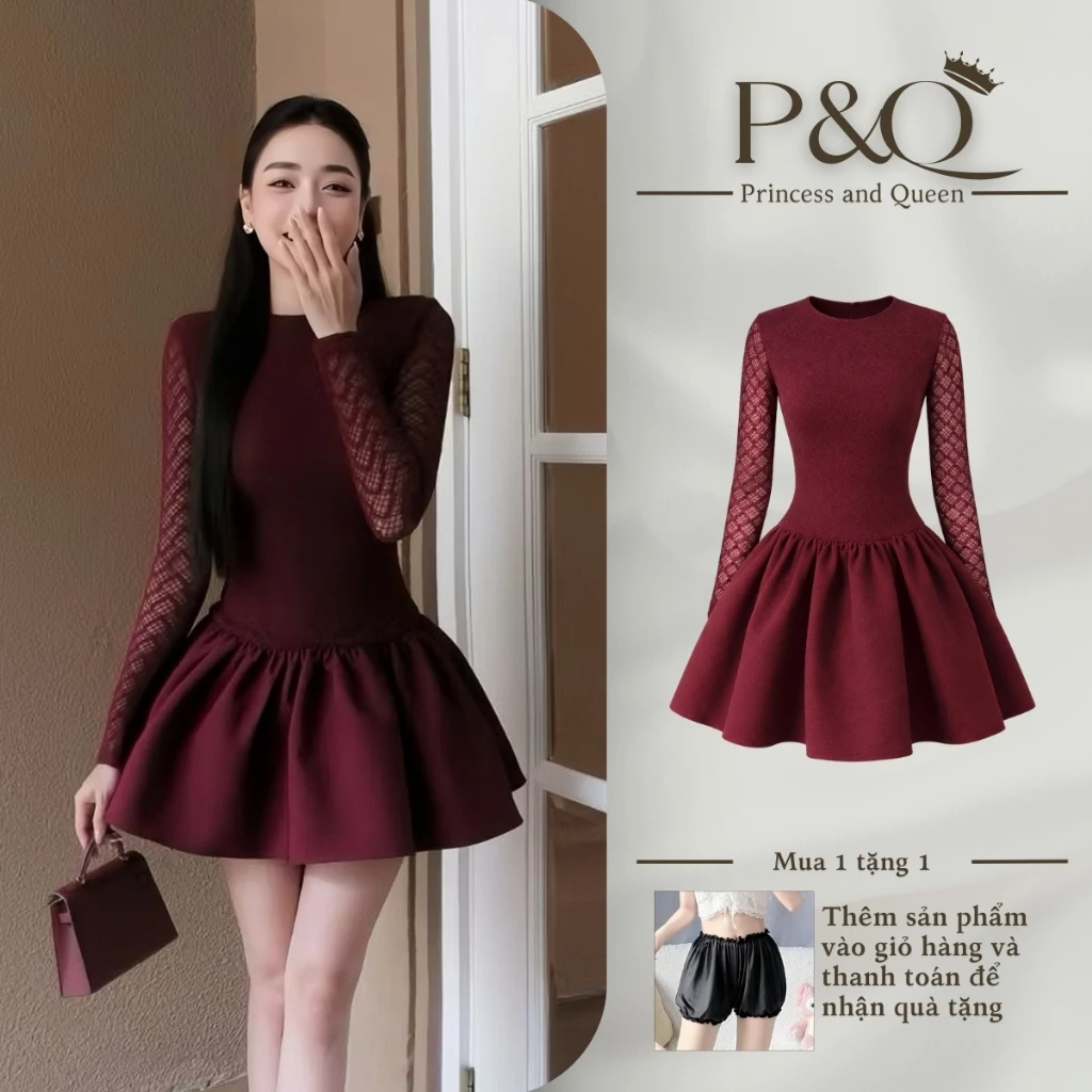 Đầm xòe nữ P&Q thiết kế tay dài ren phối tafta cao cấp sang trọng nữ tính | vd0064