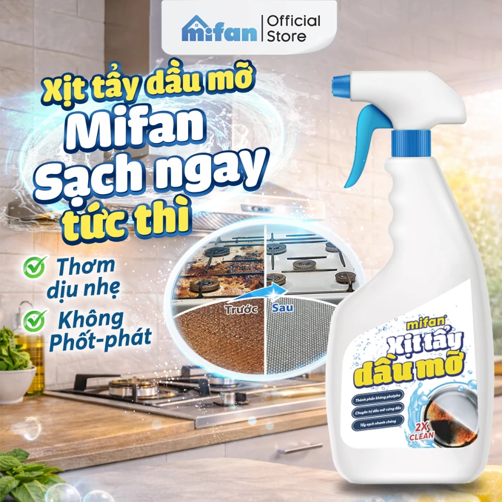 Xịt Tẩy Dầu Mỡ Nhà Bếp Mifan 500ml - Vệ sinh vết bẩn cứng đầu trên tường sàn, bếp ga, lưới máy hút mùi, xoong nồi, chảo
