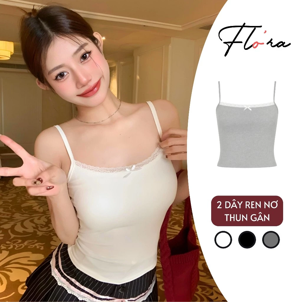 Áo Croptop HAI DÂY REN NƠ Chất Vải Thun Gân Kiểu Sexy Nữ CR18, Áo Thun Ôm Body Phối Ren Đẹp Flo'ra